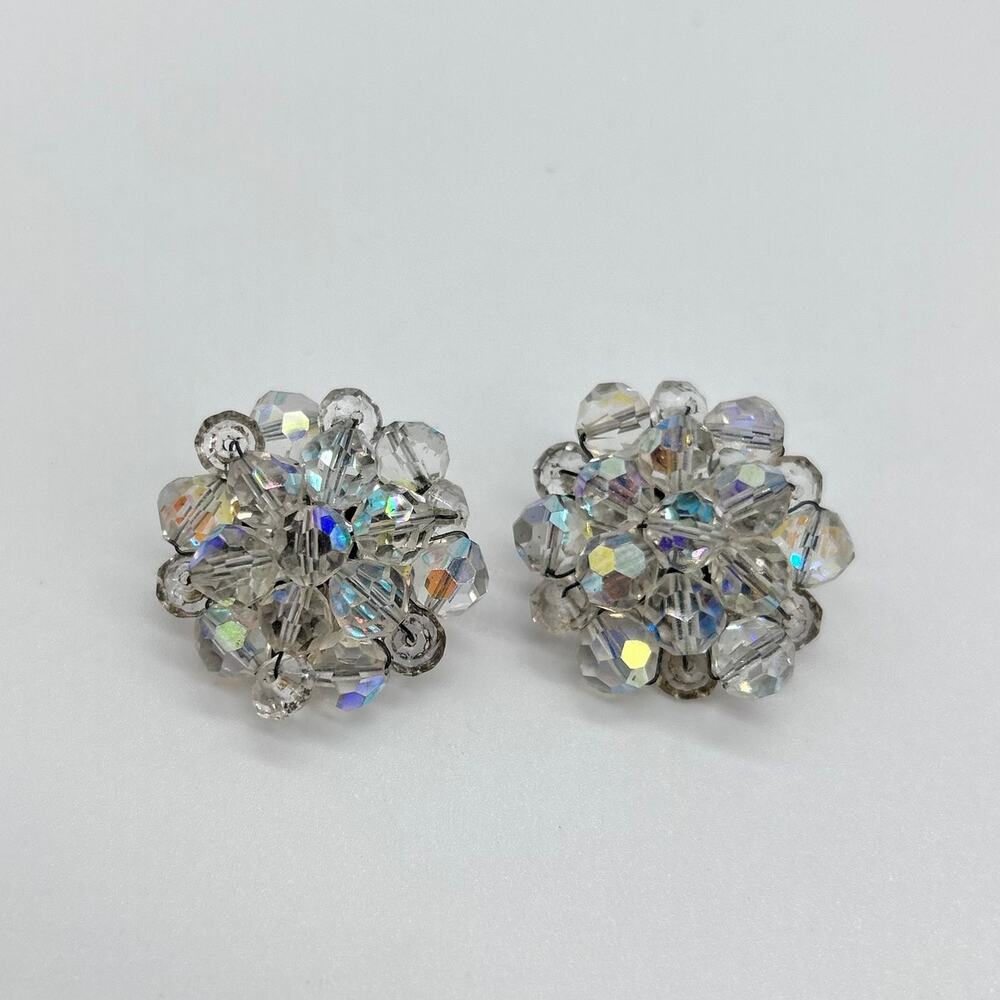 Vintage Aurora Borealis Clip On Earrings Bead Cluster Flower Gold Tone